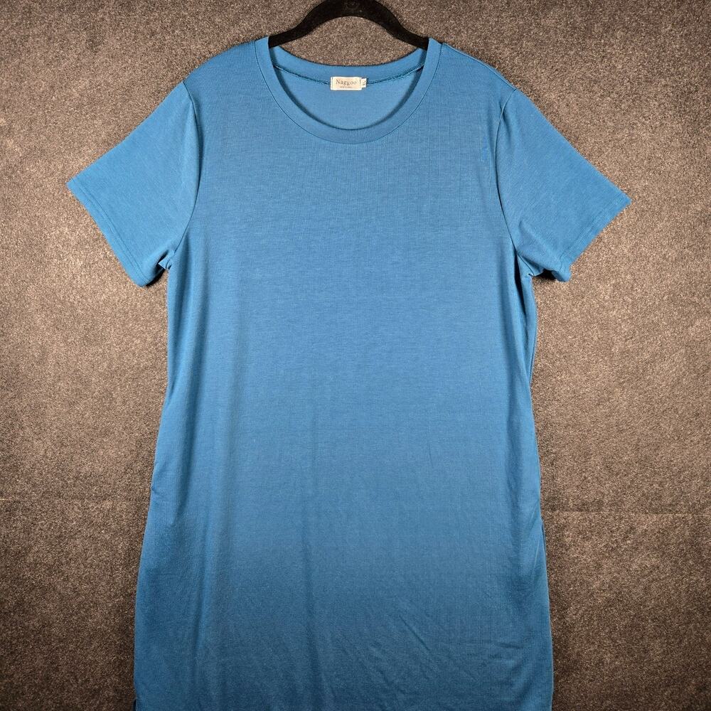 Naggoo T-Shirt Maxi Dress Size XL Pockets Side Slits Blue Lagenlook NWOT